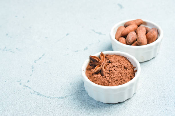 Cocoa and cocoa beans in a white bowl. On a gray stone background. Side view.