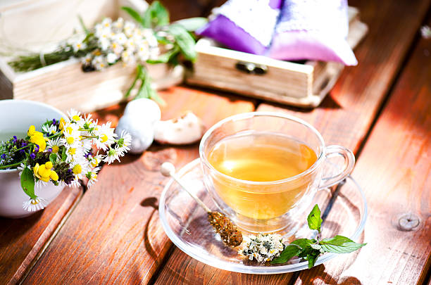 Cup of tea on a natural background consist of flowers