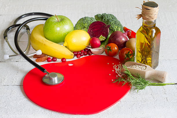 Diet and healthy food on a red heart abstract concept