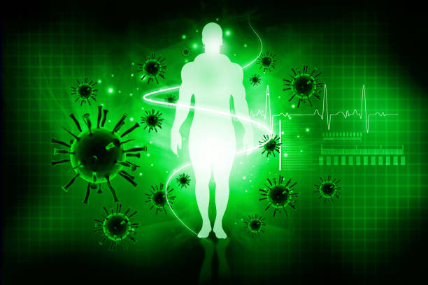 Virus with human body. Immune defence concept. 3d illustration