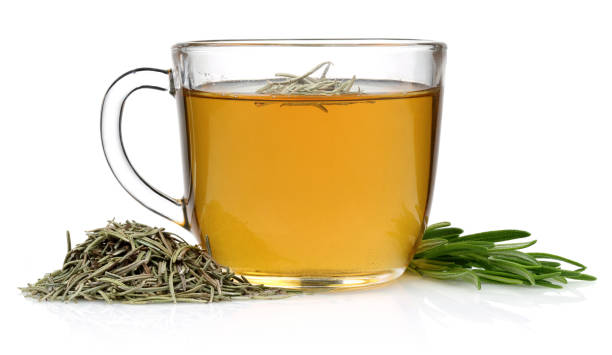 Tea Cup between dried and fresh rosemary isolated on white background
